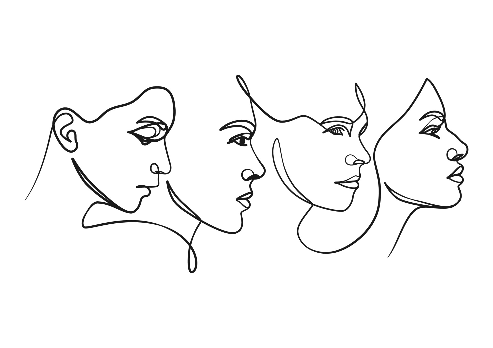 Line illustration of four women’s faces in profile.